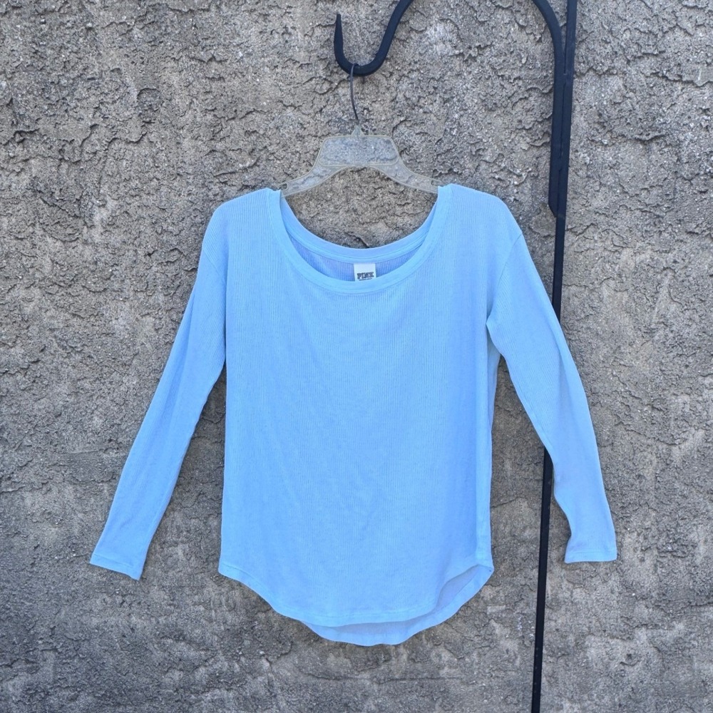 PINK Victoria's Secret Top Women XS Blue Waffle Knit Long Sleeve Scoop Neck Tee